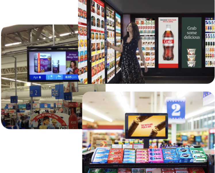 Exemplo de Retail Media em pontos de venda físicos (Digital Signage) - anúncios em telas com imagens ilustrativas e descrições.