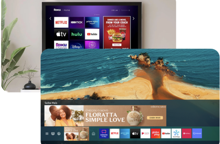 Exemplo de Retail Media em TV conectada - anúncios de produtos no formato de banners com imagens ilustrativas, descrição e botão de ação.